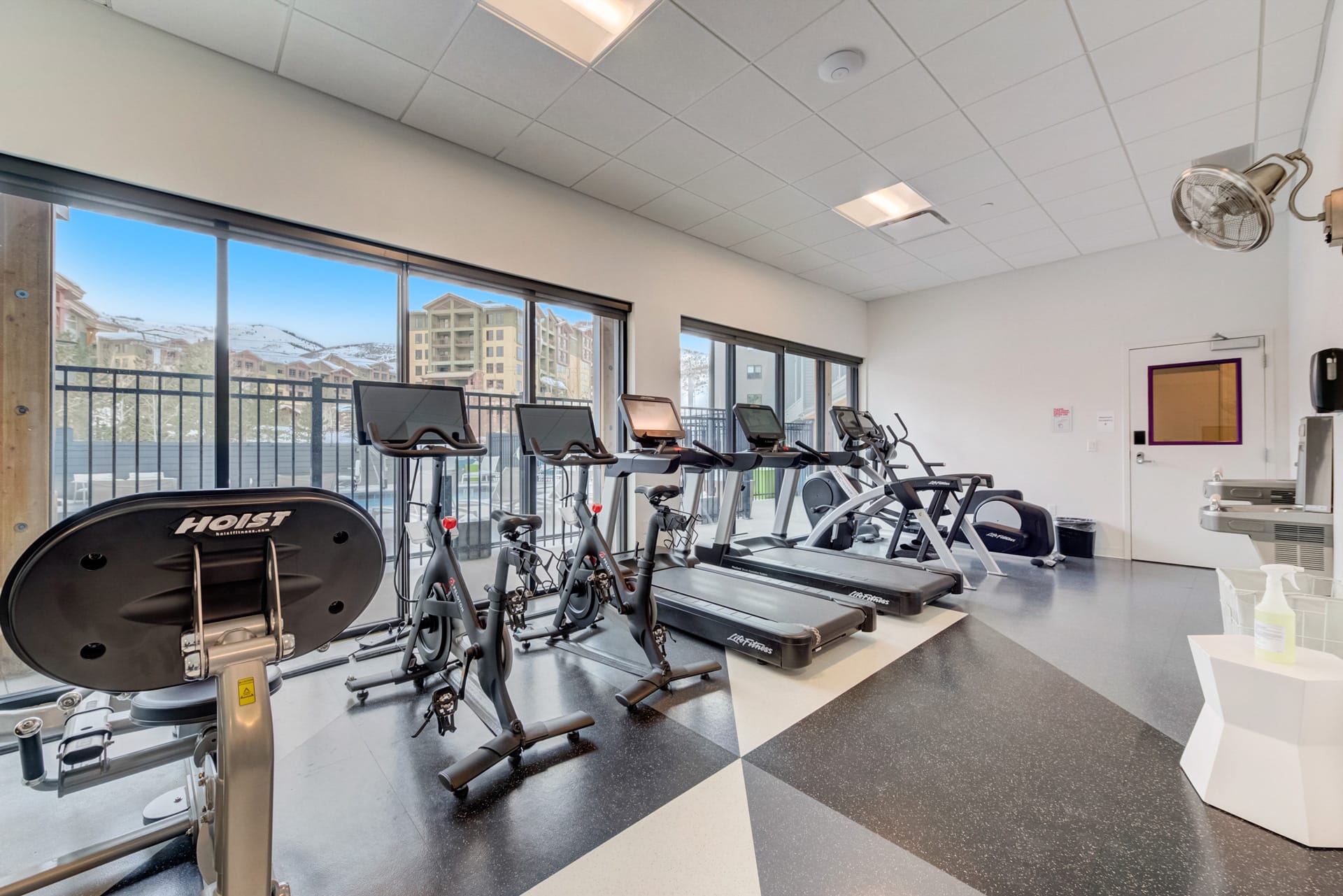 Canyon Haus fitness center with mountain views