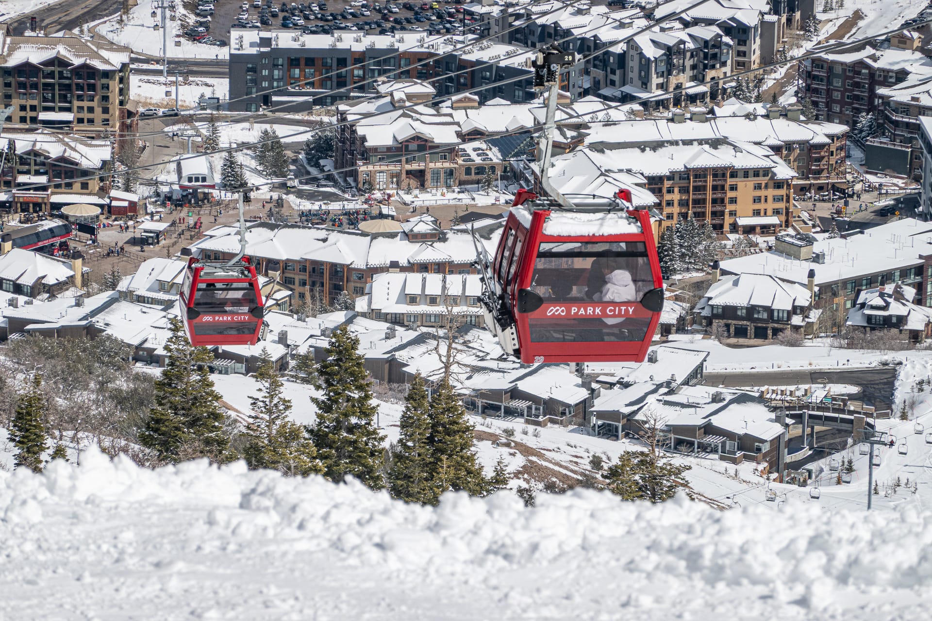 Red Pine Gondola at Park City Canyons Village on a spring skiing day