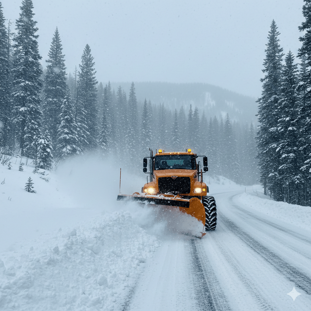 Snow plow in the mountains during a snow storm