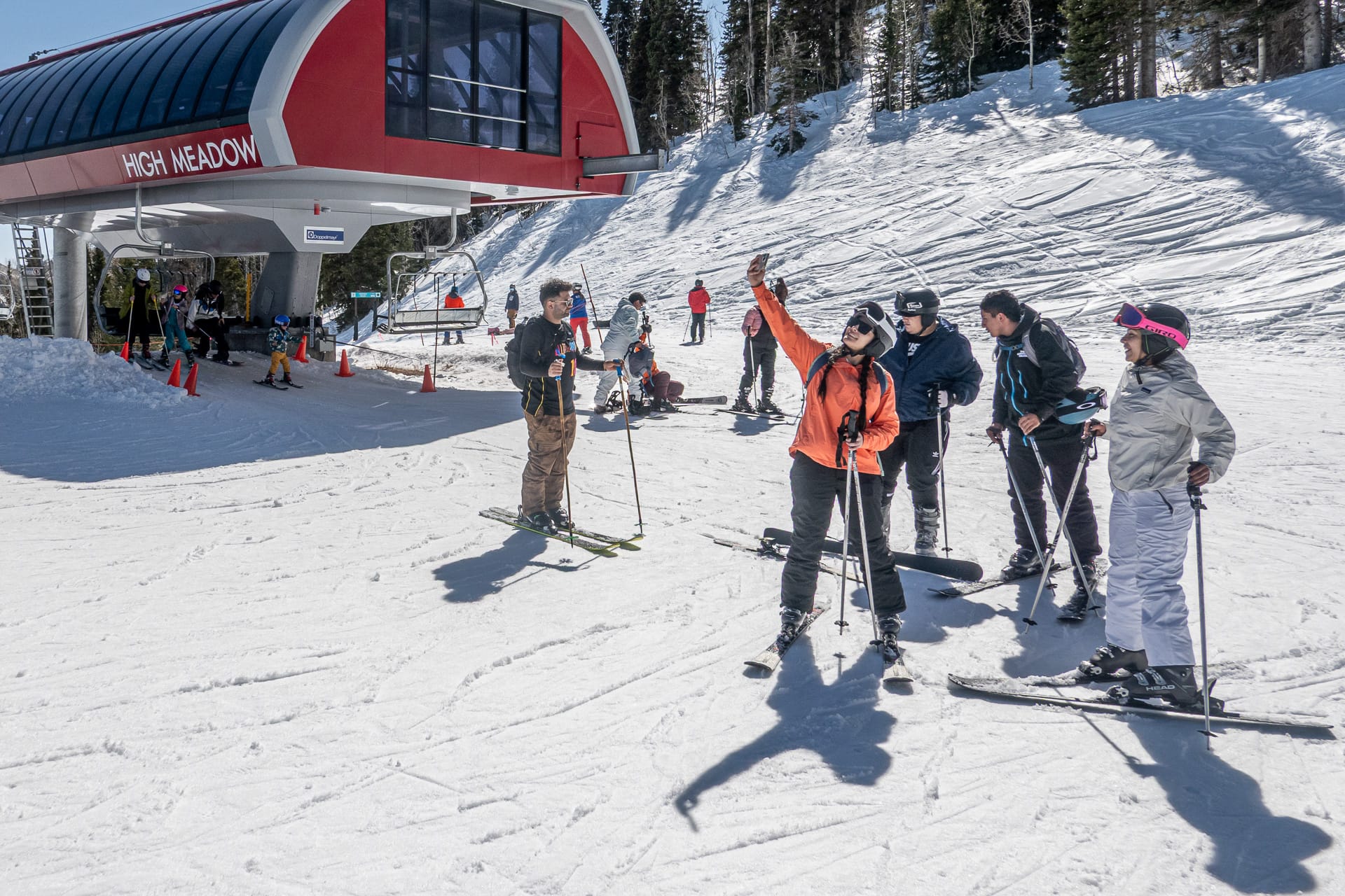Group selfie while skiing at High Meadow in Canyons Village of Park City Resort